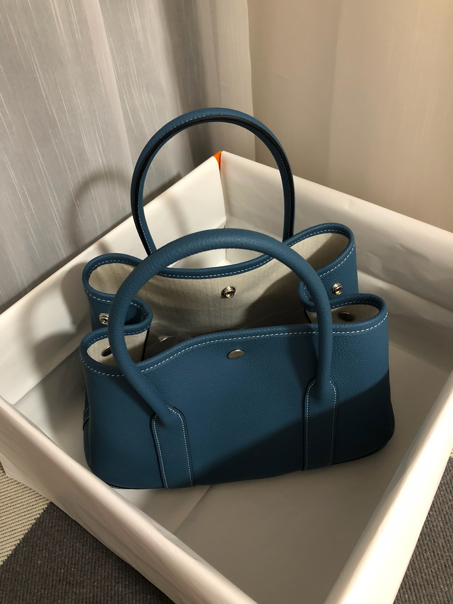 Hermes Garden Party 36cm Tote Handbag In Blue Jean Clemence Leather